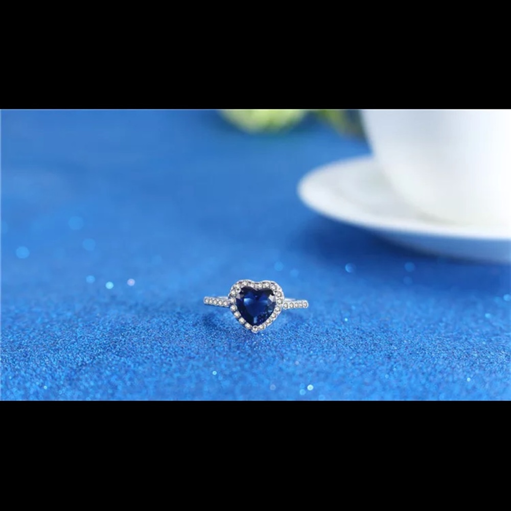 Silver Ring Bridal  Blue Heart Cubic Zirconia Ring - Picture 4 of 5